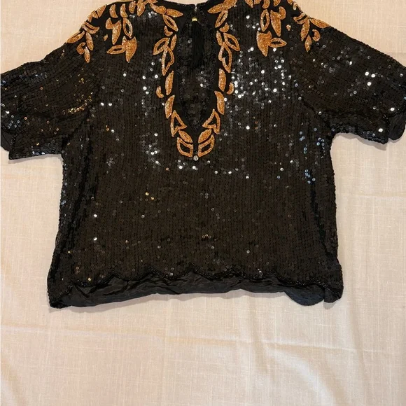 Vintage Silk Elegant Black and Gold Sequin Blouse - Picture 4 of 9
